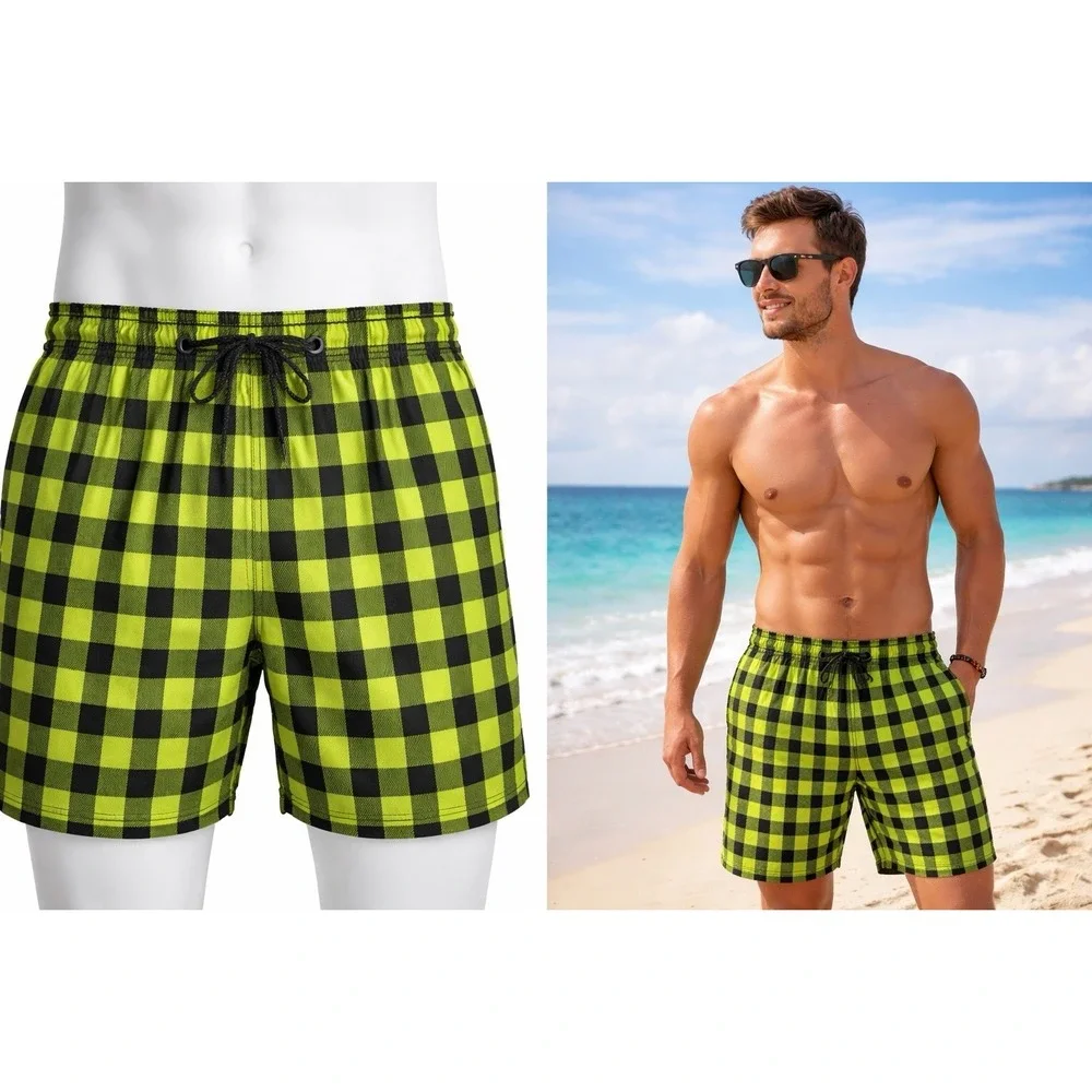 JARED LANG Men's Checkered Swim Trunks Neon Lime Black Plaid Shorts Sz. Medium